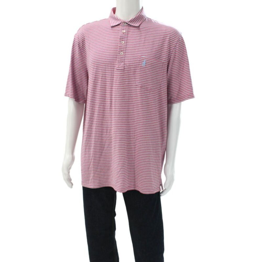 Johnnie-o Mens Short Sleeve Collared Striped Polo Shirt Pink Blue Cotton Size XL